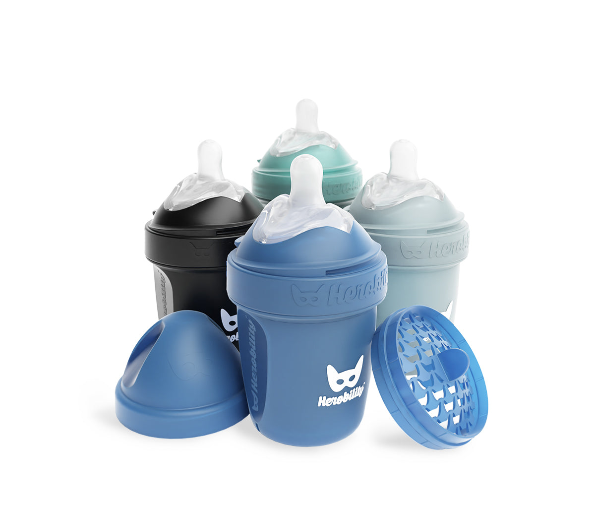 4 kpl Tuttipulloja 140 ml – Denim Blue, Musta, Sumuinen Vihreä ja Harmaa